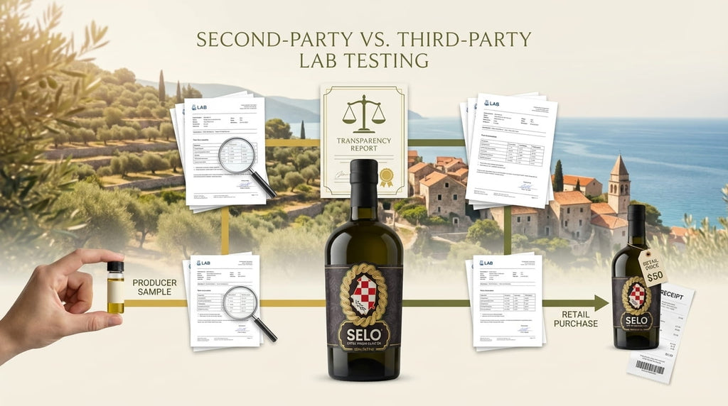 Illustration comparing second-party vs third-party lab testing in olive oil with Croatian olive oil landscape background